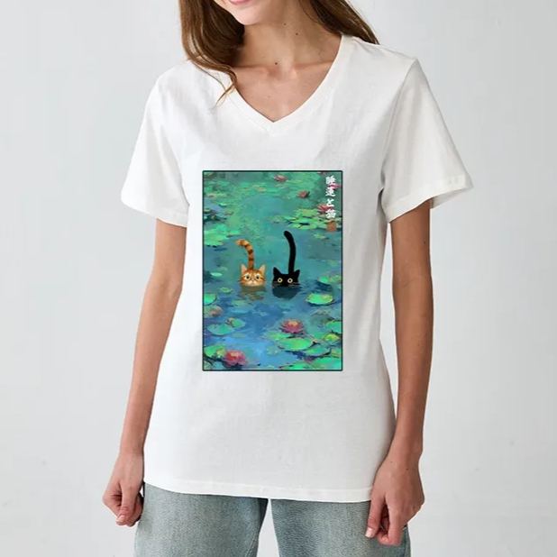 Magmoo Funny Cats Swimming In Lilies V-Neck Classic T-Shirt-Magmoo