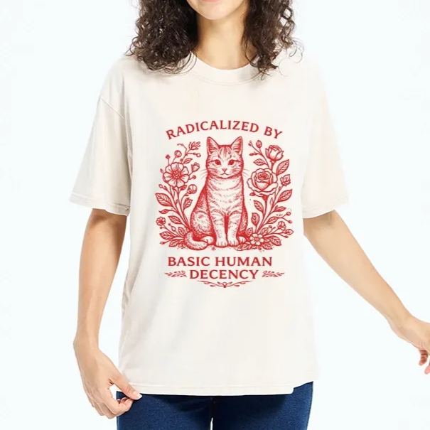 Magmoo Cat Roses Radical Human Decency Washed T-Shirt