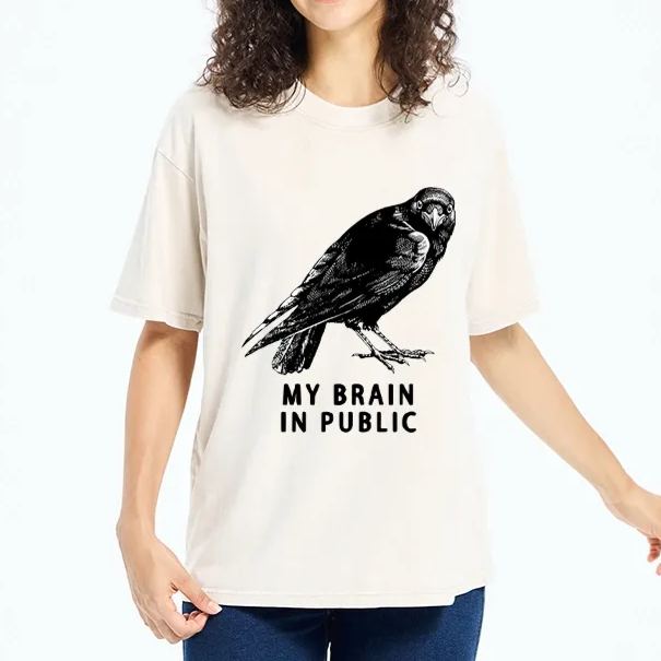 Magmoo Black Crow Public Brain Funny Art Washed T-Shirt