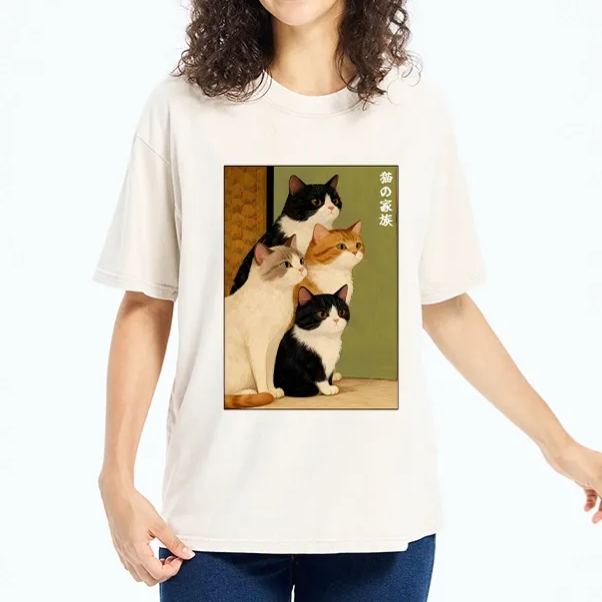 Magmoo Funny Japanese Cat Family Portrait Washed T-Shirt