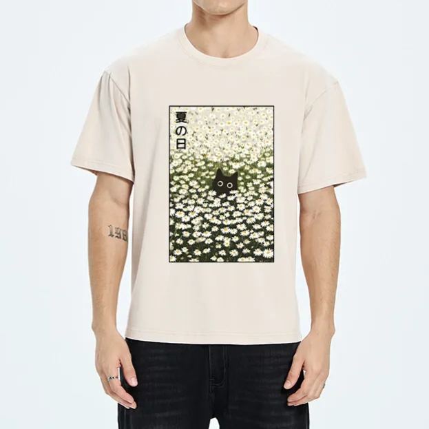 Magmoo Summer Day Daisies Black Cat Washed T-Shirt