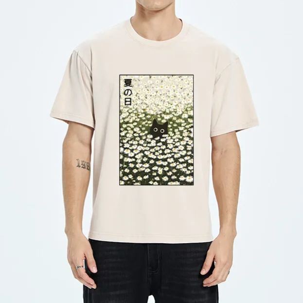 Magmoo Summer Day Daisies Black Cat Washed T-Shirt