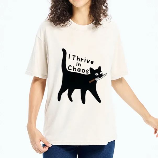 Magmoo Chaotic Black Cat With Knife Washed T-Shirt