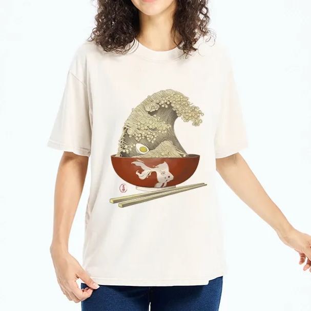 Magmoo Kanagawa Noodle Wave Food Art Washed T-Shirt