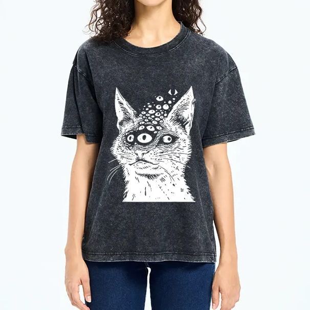 Magmoo Trippy Cat Third Eye Meme Washed T-Shirt