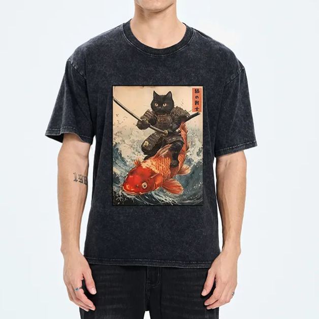 Magmoo Cat Samurai Rides Koi Carp Washed T-Shirt
