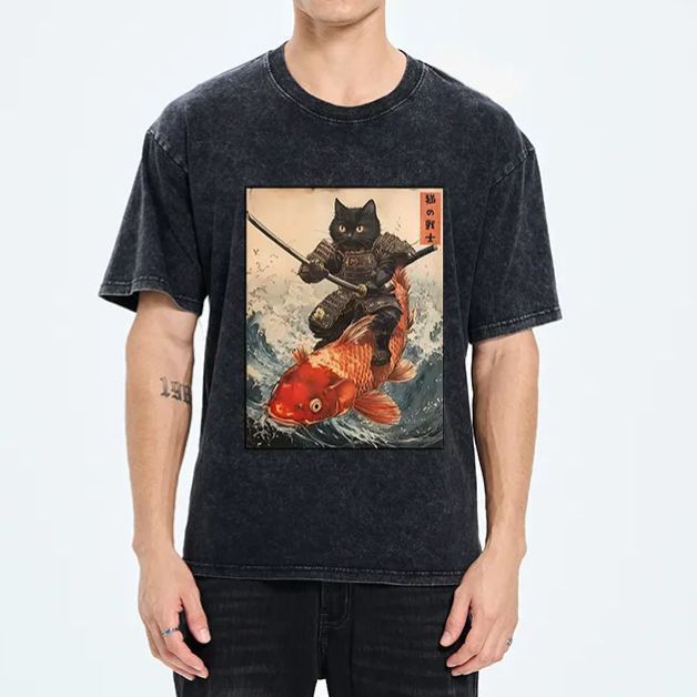 Magmoo Cat Samurai Rides Koi Carp Washed T-Shirt