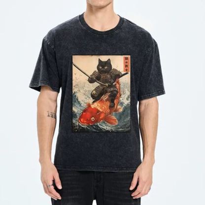 Magmoo Cat Samurai Rides Koi Carp Washed T-Shirt