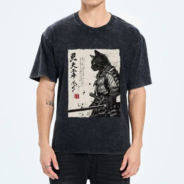Magmoo Japanese Samurai Cat Funny Washed T-Shirt