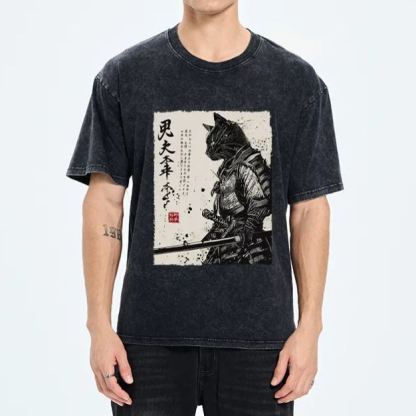 Magmoo Japanese Samurai Cat Funny Washed T-Shirt