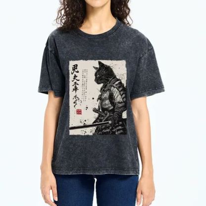 Magmoo Japanese Samurai Cat Funny Washed T-Shirt