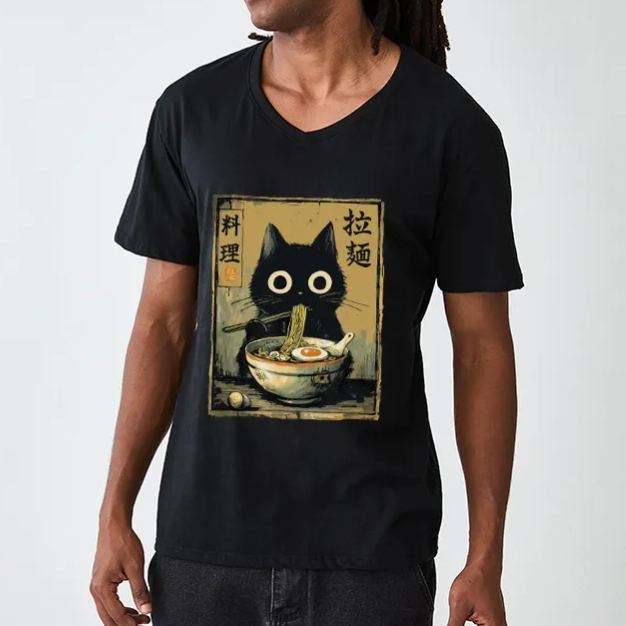 Magmoo Cute Black Cat Eating Ramen Japan V-Neck Classic T-Shirt