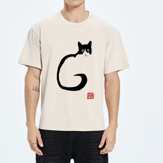 Magmoo Calm Cat In Simple Lines Washed T-Shirt