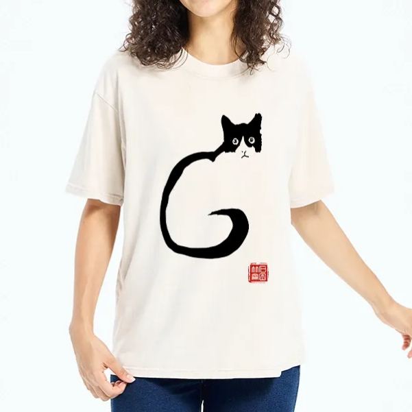 Magmoo Calm Cat In Simple Lines Washed T-Shirt