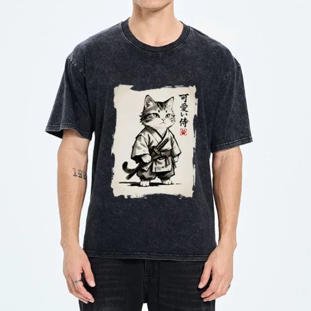 Magmoo Japanese Samurai Cat Illustration Washed T-Shirt