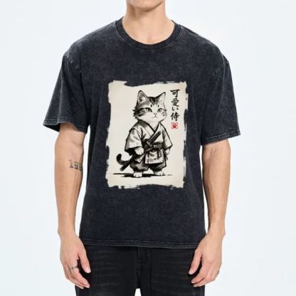 Magmoo Japanese Samurai Cat Illustration Washed T-Shirt
