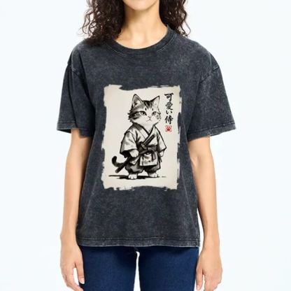 Magmoo Japanese Samurai Cat Illustration Washed T-Shirt