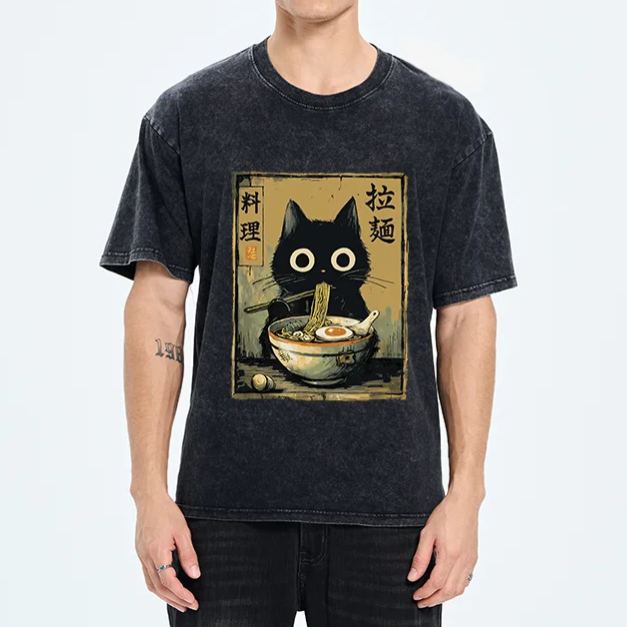 Magmoo Cute Black Cat Eating Ramen Japan Washed T-Shirt