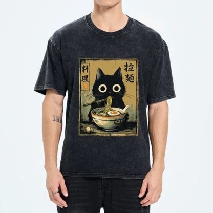 Magmoo Cute Black Cat Eating Ramen Japan Washed T-Shirt