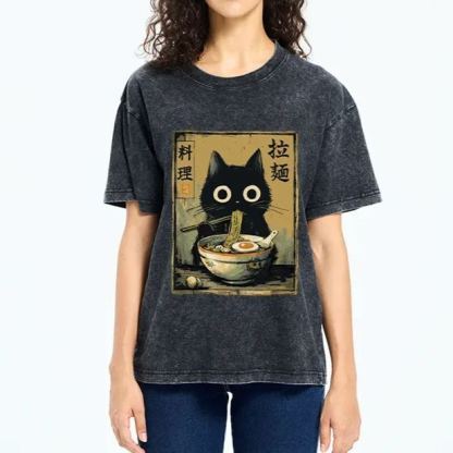Magmoo Cute Black Cat Eating Ramen Japan Washed T-Shirt