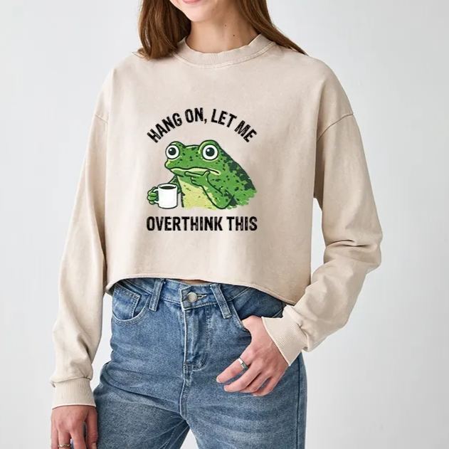 Magmoo Overthinking Frog With Coffee Washed Crop Sweatshirt
