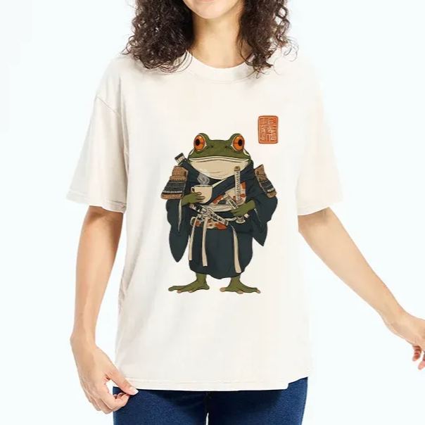 Magmoo Frog Samurai Drinking Tea Washed T-Shirt