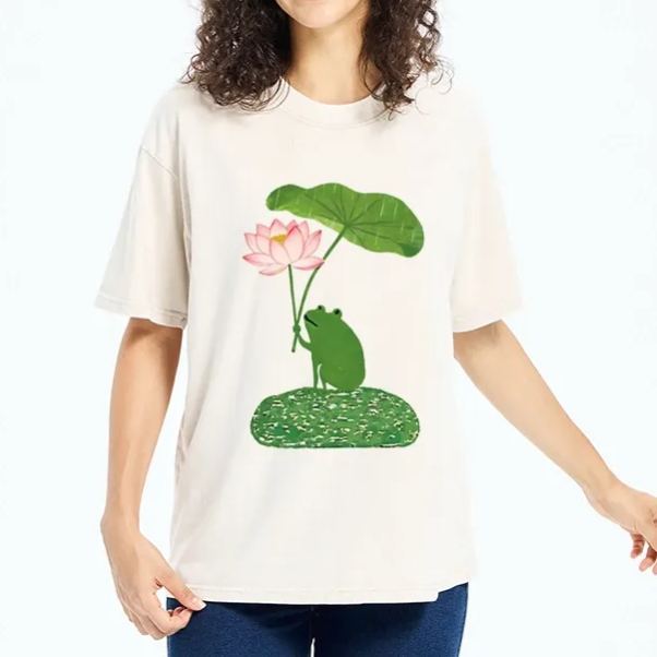 Magmoo Frog With Lotus Umbrella Meme Washed T-Shirt