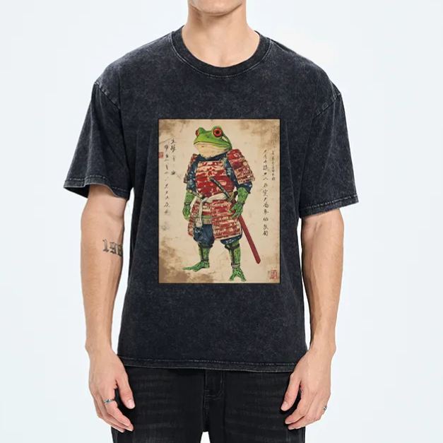 Magmoo Retro Frog Samurai Portrait Washed T-Shirt