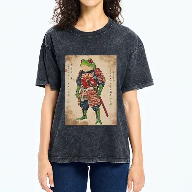 Magmoo Retro Frog Samurai Portrait Washed T-Shirt
