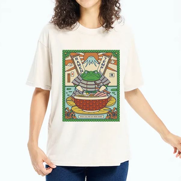 Magmoo Frog Samurai Eating Ramen Washed T-Shirt