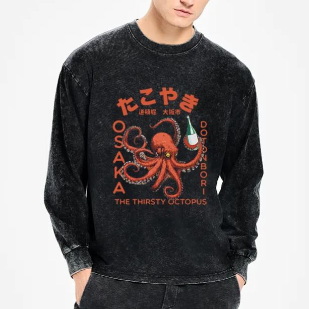 Magmoo Octopus Drinks Soju Washed Long Sleeve T-Shirt
