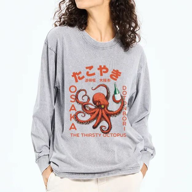 Magmoo Octopus Drinks Soju Washed Long Sleeve T-Shirt