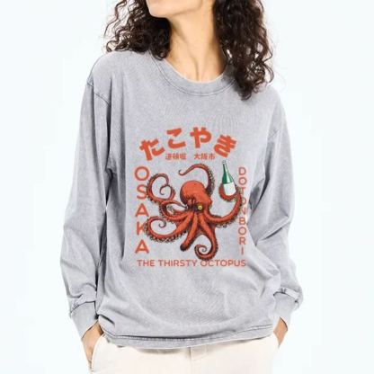 Magmoo Octopus Drinks Soju Washed Long Sleeve T-Shirt