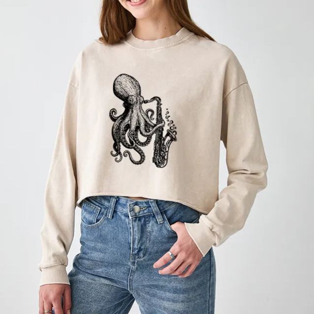 Magmoo Octopus Playing Saxophone Washed Crop Sweatshirt