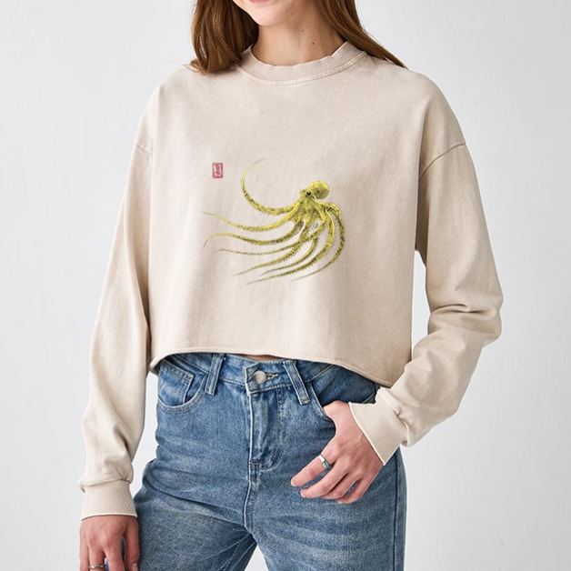 Magmoo Retro Octopus Japanese Washed Crop Sweatshirt