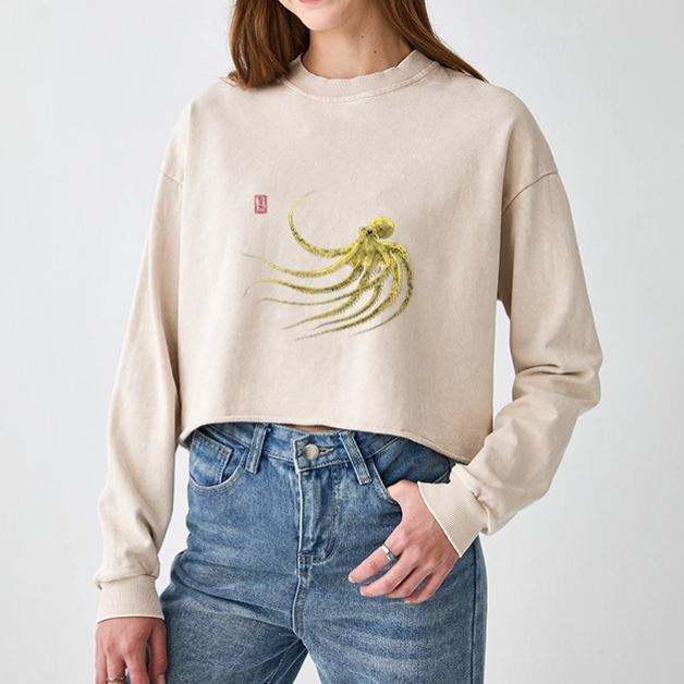 Magmoo Retro Octopus Japanese Washed Crop Sweatshirt