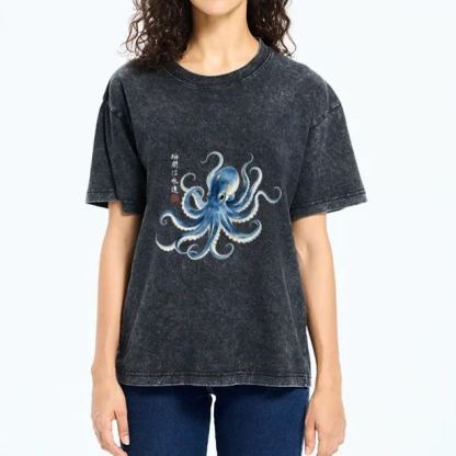 Magmoo Stylish Blue Octopus Japanese Washed T-Shirt