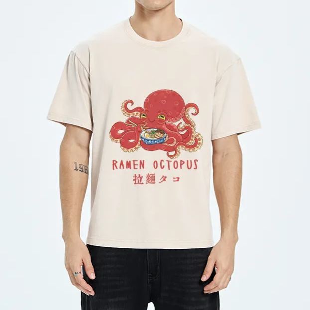 Magmoo Cute Octopus Eating Ramen Washed T-Shirt