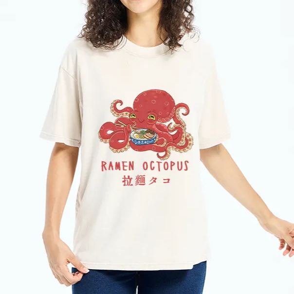 Magmoo Cute Octopus Eating Ramen Washed T-Shirt