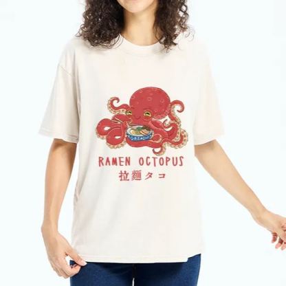 Magmoo Cute Octopus Eating Ramen Washed T-Shirt