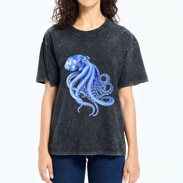 Magmoo Retro Blue Octopus Washed T-Shirt