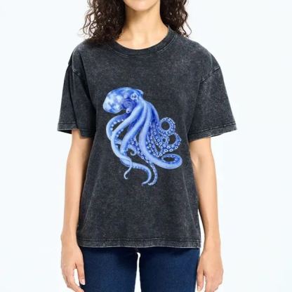 Magmoo Retro Blue Octopus Washed T-Shirt