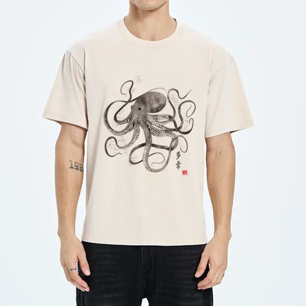 Magmoo Octopus Japanese Calligraphy Washed T-Shirt