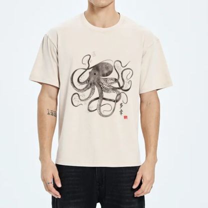 Magmoo Octopus Japanese Calligraphy Washed T-Shirt