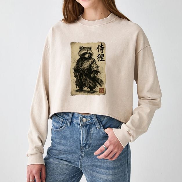 Magmoo Retro Raccoon Samurai  Washed Crop Sweatshirt