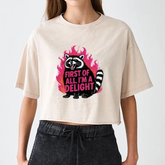 Magmoo Angry Raccoon Funny Women's Washed Crop T-Shirt