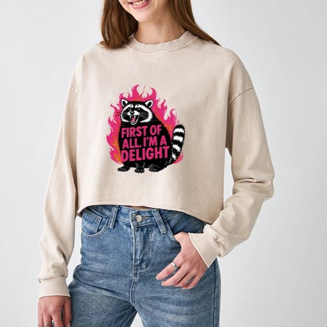 Magmoo Angry Raccoon Funny Washed Crop Sweatshirt