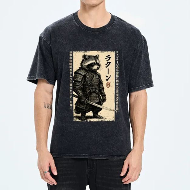 Magmoo Raccoon Japanese Samurai Washed T-Shirt
