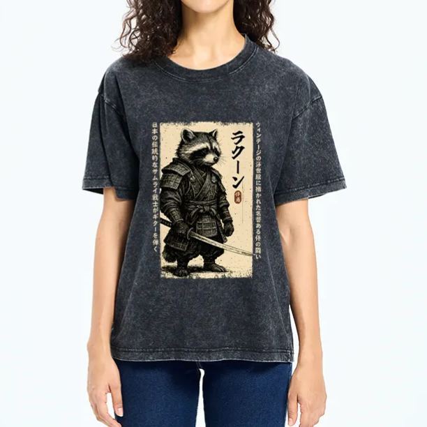 Magmoo Raccoon Japanese Samurai Washed T-Shirt