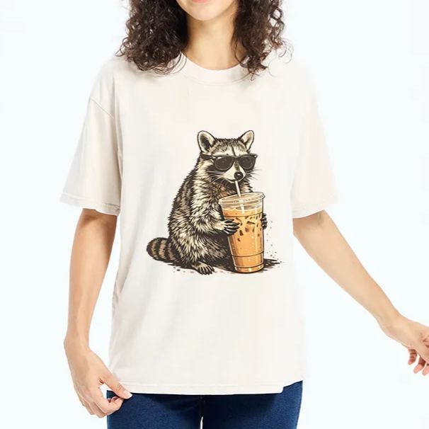 Magmoo Raccoon Drinking Coffee Funny Washed T-Shirt